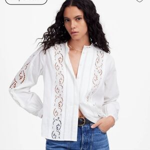 Madewell Lace-Inset Pintucked Button-Up Top NU573 SZ XXS NWT